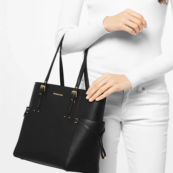 Michael Kors Voyager Black Saffiano Leather Tote Gold Classic Chic Workwear Luxe - Picture 2 of 12